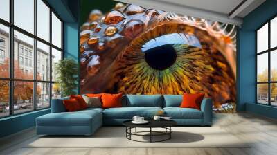 Macro image capturing a human eye with rain droplets, emphasizing the rich colors and patterns of the iris. Wall mural