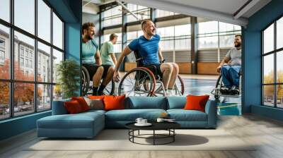 roup of men in wheelchairs playing sports in an indoor gym. The image captures the spirit of teamwork, inclusivity, and fitness, emphasizing the active lifestyle of individuals with disabilities Wall mural