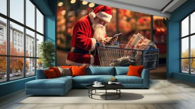 Santa Claus embarks on a shopping expedition to fulfill his gift list. Wall mural