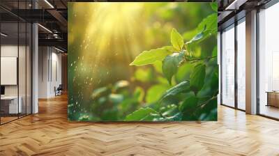 Sunlight streaming through green leaves, creating a peaceful and vibrant natural scene. The image emphasizes the beauty and tranquility of nature. Wall mural