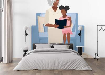 A black grandmother sits in a chair and reads a book to her granddaughter or teaches him to read. Vector illustration in flat style family and learning. Wall mural