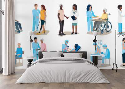 Big set of vector illustrations of doctor and patient. Doctors and nurses of different specialties care for and help patients of different ages and nationalities. Thanks to the doctors and nurses. Wall mural