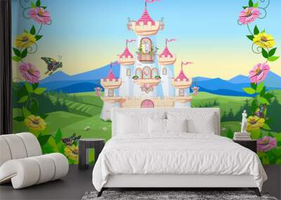 Fairy tale background with princess castle in the forest. Castle with pink flags, precious hearts, roofs, towers and gates in a beautiful landscape. Vector illustration for a fairy tale. Wall mural