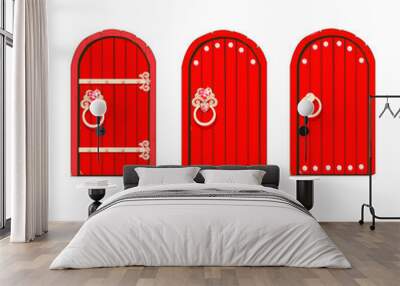 Fairytale set red door of a beautiful princess. Antique door with forged decorations. Entrance to the magical land. Cartoon style. Collection vector illustration isolated on a white background. Wall mural