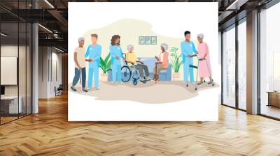 Nurses take care of the elderly in a nursing home. Happy older men and women and friendly nurses. Thanks nurses. Vector illustration in a flat style. Wall mural