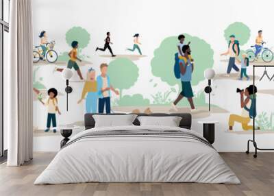 People of different ages and nationalities on a walk in the park. Families with children, old and young couples, friends spend time together. Vector horizontal illustration. Wall mural