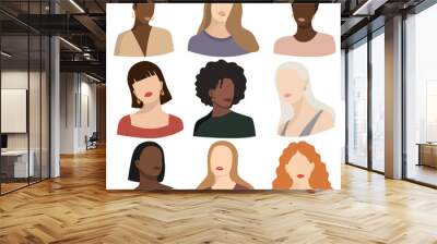 Abstract woman portraits. Set of female silhouettes. Different hairstyles. Vector illustration isolated on white. Flat design. Pastel colors. Beautiful woman faces. Wall mural