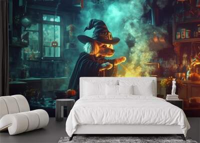 A poodle dressed in a witch's hat and flowing cape, stirring a bubbling cauldron in a dimly lit, spooky kitchen, creating a whimsical and enchanting Halloween scene  Wall mural