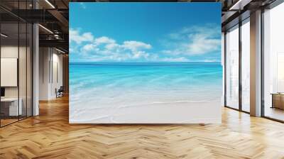 Empty beautiful beach with white sand and clear blue ocean wallpaper. A realistic and photographic image of a tropical paradise with no people, perfect for relaxing and dreaming. Travel and nature con Wall mural