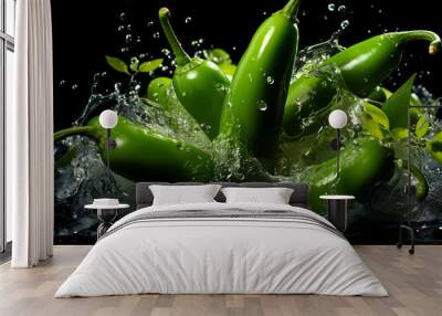 Green tip pepper commercial photography, with water splash photography effect, vegetable commercial photography Wall mural