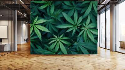 Lush Green Cannabis Leaves Create a Dense, Verdant Background, Ideal for Themes of Nature, Wellness, and Cannabis Culture Wall mural