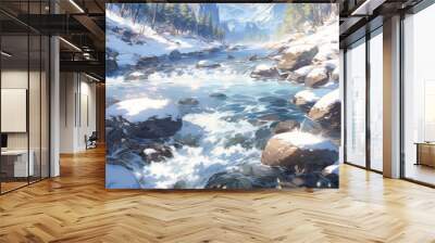 Snow-Capped Mountain Majesty and River Scenery Under a Clear Sky: A 13-Piece Anime Series Capturing the Essence of Winter Wonders,Anime Comic Style Art.For Poster,Novel,UI,WEB,Game,Design,book illustr Wall mural