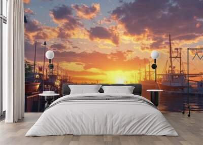 Sunset Magic on the anime-style Wharf: Enchanted Dusk at the Harbor Dock for Nautical Tourism and Fisheries Promotion,Anime-Style,illustration,Picture BooksFor Poster,Novel,UI,WEB,Game,Design,Abstract Wall mural