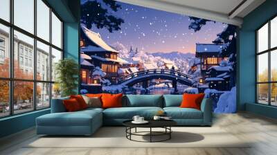 Winter's Enchantment: anime-style Traditional Architecture and Bridges in a Season of Serenity, the Ideal Canvas for Cozy Getaways and Idyllic Travel Posters in 4K,Anime-Style,illustration,Picture Boo Wall mural