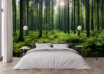 Beautiful forest in autumn with bright sun shining through a tree trunk,A forest of pine trees with the sun shining through the trees, Silent Forest in spring with beautiful bright sun rays Generative Wall mural