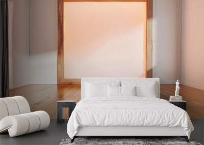 Wooden frame in an empty room with a peach light border on a polished wooden floor. Wall mural