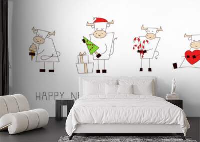 Merry Christmas and happy New Year 2021. Horizontal banner, poster, card. Set of vector illustrations in cartoon style isolated on white. Collection of funny cute kawaii characters. Ox, bull, cow Wall mural