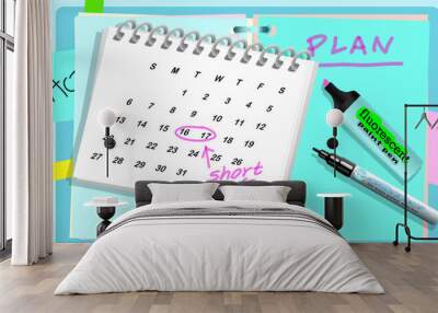 A calendar with a pink circle and the words short trip written on it , on top of a notebook with a word plan written on it and two pens put aside,  on a blue background realistic  illustration vector  Wall mural