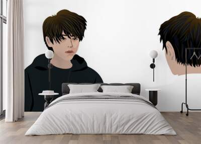 View of two people talking face to face, one in black hoodie and the other in shirt, front and back view, realistic minimalist illustration vector Wall mural