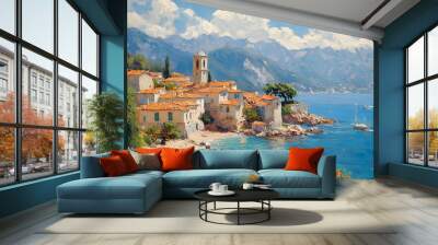  an amazing Oil painting of a small town on the Mediterranean Sea, with mountains in the background and beautiful summer weather. Wall mural