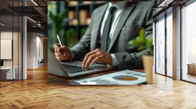 businessman working on laptop, closeup Wall mural