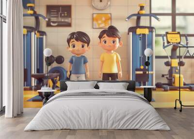 Cartoon of two kids in the gym Wall mural