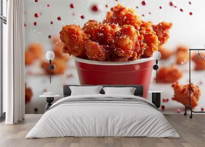 Closeup of a bucket of fried chicken nuggets on a white background Wall mural