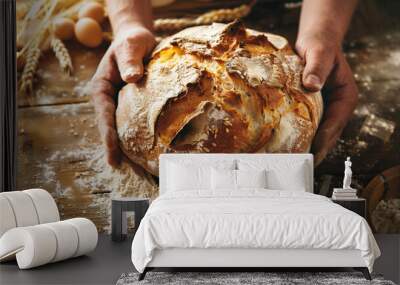 Closeup of bread and hands on wooden table in kitchen Wall mural