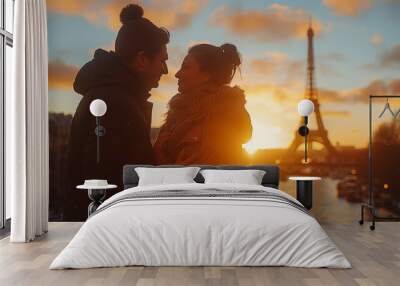 couple at sunset In the background of the Eiffel Tower Wall mural