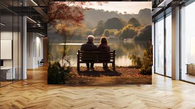 couple sitting on bench in park Wall mural