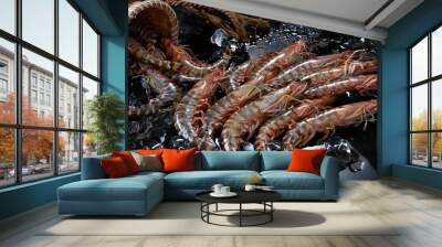 Fresh raw black tiger prawn shrimp with bamboo baskets and ice, shot in dark background Wall mural