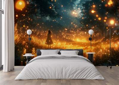 Little girl walking in the forest full of golden fireflies at night Wall mural