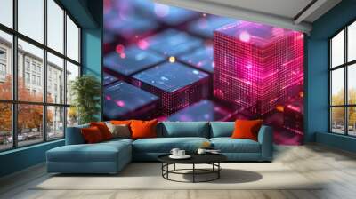 Entrepreneurs planning blockchain technology integration, ratio 7:2 circuit blockchain Banner cover background Wall mural