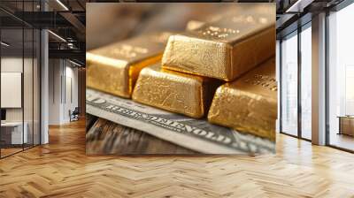 gold bars on a table, Gold bars on the dollar, gold background content illustration, Speculative buying of gold, close up gold banner cover copy space concept Wall mural