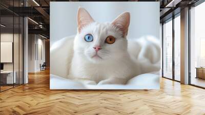 White cat Eye blue and yellow, cat breeds
Khao Manee Thai cat Or Felis catus on white background, cat on white floor On blankets and carpets, clean colors Wall mural