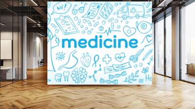 Hand drawn medicine icons doodle set - Medicines, medical products, tablets, medical equipment on a blue background. Long banner - Health care, pharmacy icons. Vector illustration. Wall mural