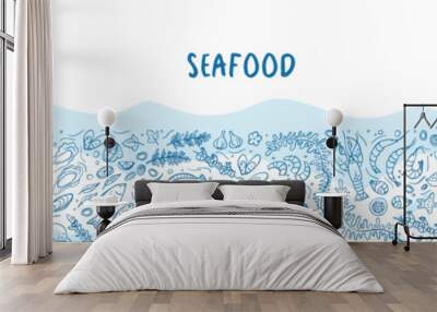 Long banner of set doodle seafood on white blue background. Vector illustration. Perfect for dessert menu or food package design. Wall mural