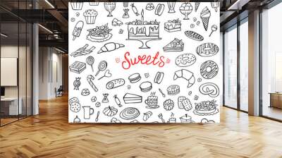 Set of doodle sweets food on white. Vector illustration. Cakes, biscuits, baking, cookie, pastries, donut, ice cream, macaroons, coffee. Perfect for dessert menu or food package design. Wall mural