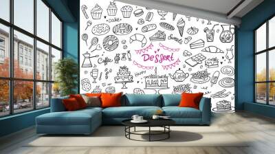 Set of doodle sweets food on white. Vector illustration. Cakes, biscuits, baking, cookie, pastries, donut, ice cream, macaroons, coffee. Perfect for dessert menu or food package design. Wall mural