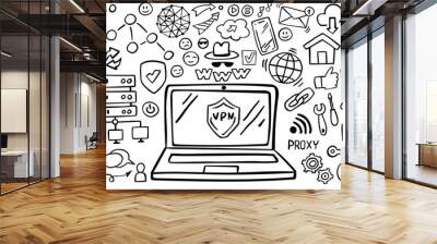 Set of proxy server doodle on white background. Web doodle, VPN server design elements. Internet doodles. Vector illustration. Wall mural