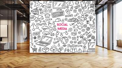 Set of social media doodle on white background. Social media design elements. Internet doodles. Vector illustration. Wall mural