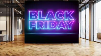 Black Friday Sale neon banner. Design signboard for blackfriday sale on black bacground. Glowing pink and blue neon letters in frame. Flying letters realistic vector illustration Wall mural