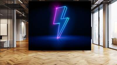 Vector energy lightning bolt logo neon style for electric power logo, wireless charging, ui, poster, t shirt. Thunder symbol. 3d render, lightning, electric power symbol, retro neon glowing sign, ultr Wall mural