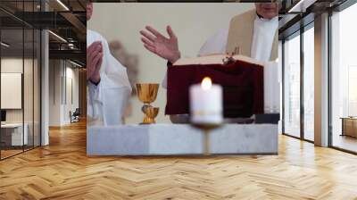 Two priests dressed in liturgical vestments celebrate the Holy Mass in the  Roman catholic church. Worship at the altar Wall mural