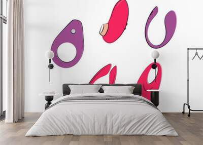 Vibrators set. Massagers and masturbators for sex and self-satisfaction. Sex shop stuff. Vector sketch illustration Wall mural