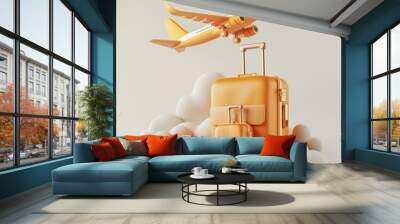 3d icon of yellow suitcases and airplane in white background Wall mural