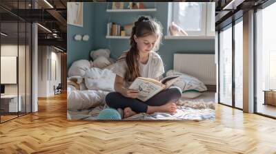 A girl reading in her bed in her bedroom Wall mural