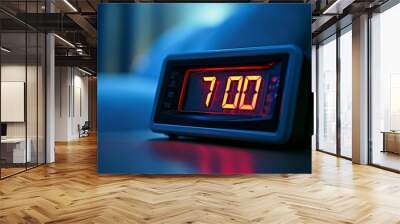 Alarm clock with red digital numbers marking 7:00 hour on a nightstand Wall mural