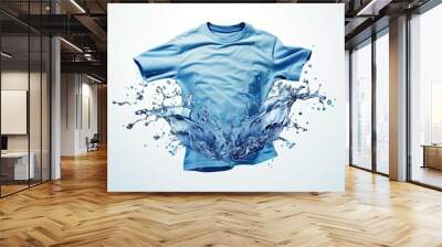 Blue T-shirt floating in mid-air with a powerful water splash beneath it, showcasing energy, freshness, and the dynamic relationship between fabric and water Wall mural