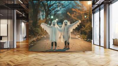 Two children in spooky ghost costumes with skull masks posing on a dimly lit street during Halloween evening, creating a fun yet eerie atmosphere filled with festive decorations Wall mural